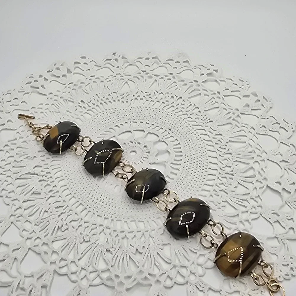Vintage Tigers Eye Bracelet Stone Gold Tone 7 Inches MCM